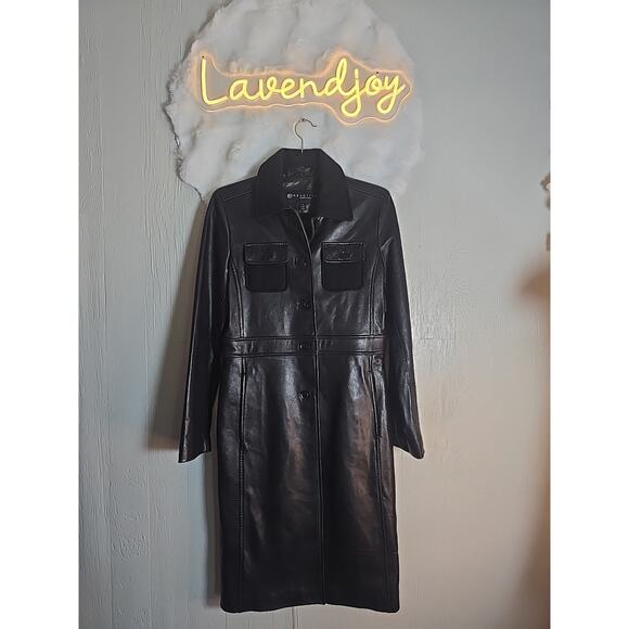 Vintage Black Kenneth Cole Reaction Leather Trench Coat Jacket Womens Size S - Picture 1 of 10